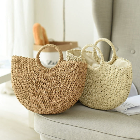 Summer Top Handle Semi Circle Straw Bag